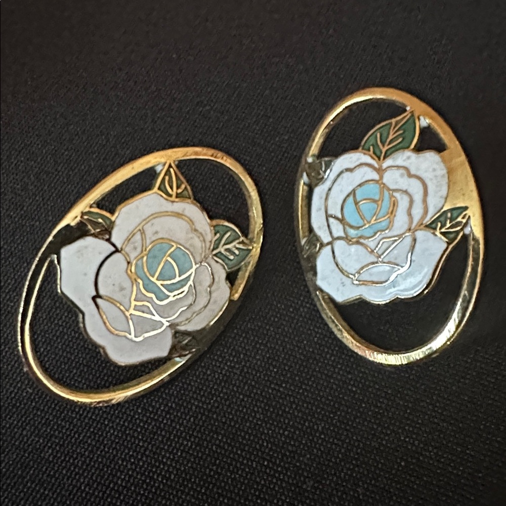 Vintage Cloisonné Gold and White Floral Earrings Women OS